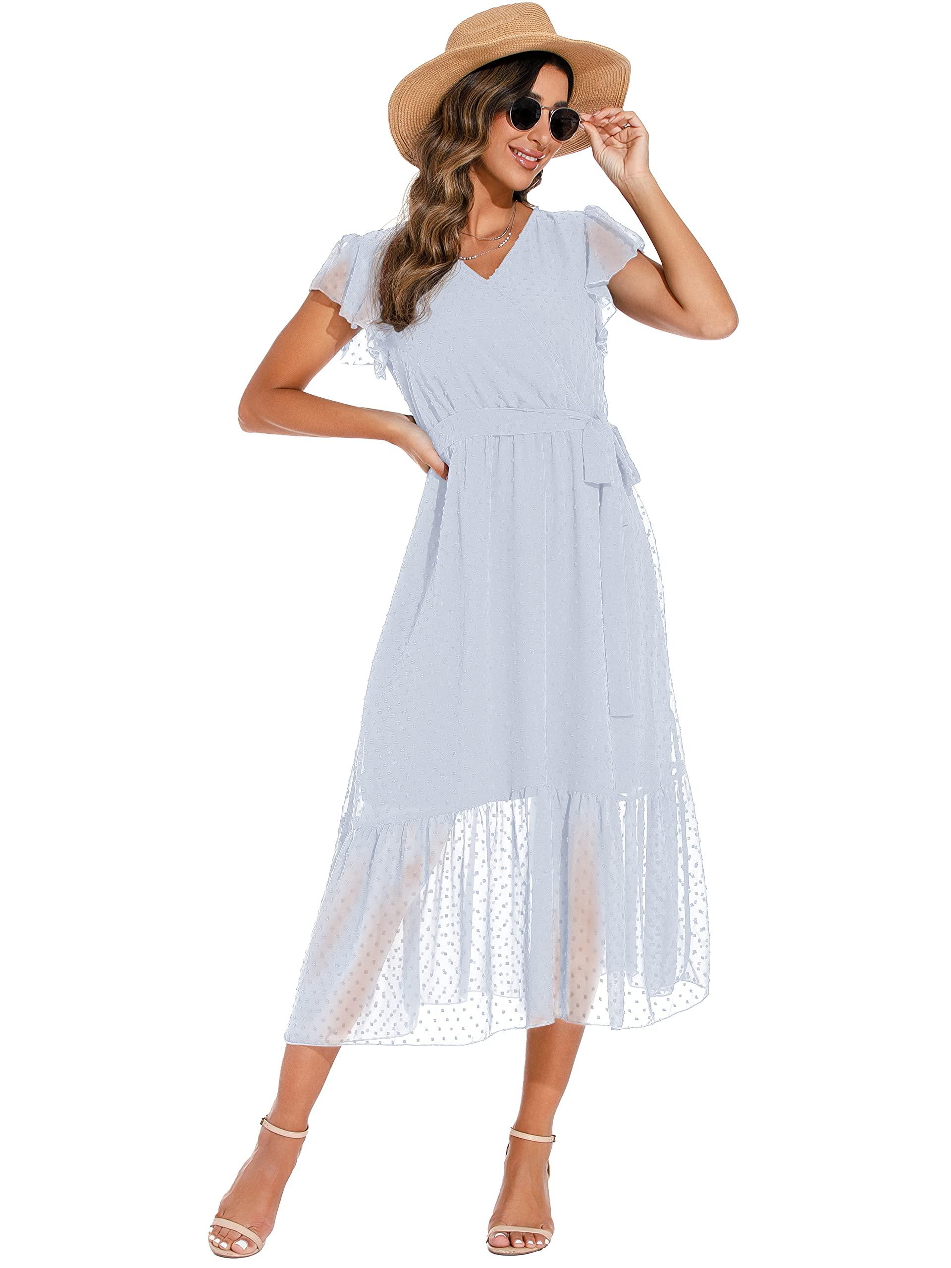 GRECERELLE Womens Summer Wrap Maxi Dress Chiffon Cute Casual V Neck Ruffle Short SleeveTie Waist Dresses with Lining (Swiss Dot Light Blue, M) 7