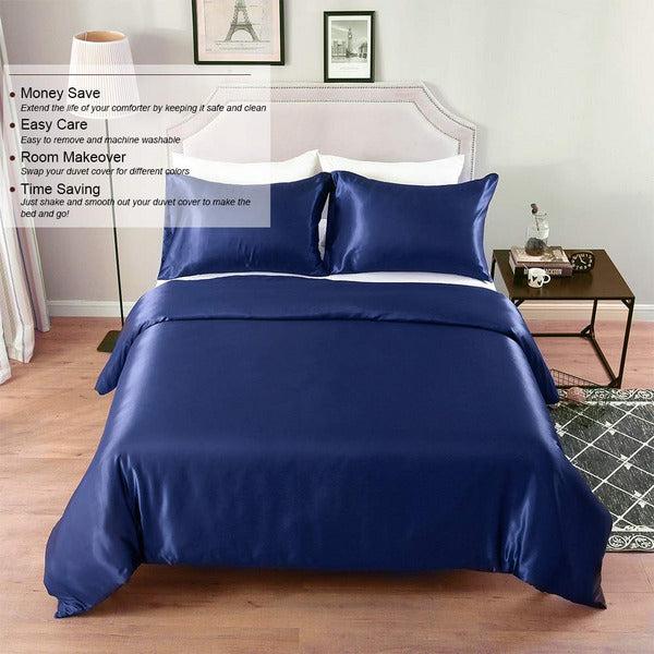 Hotniu Full Satin Silk Duvet Cover Sets - Soft Silky 2 Piece Comforter Cover Set - All Season, Shiny Vibrant Bedding Set With SHAM (Single Size, Navy blue) 2