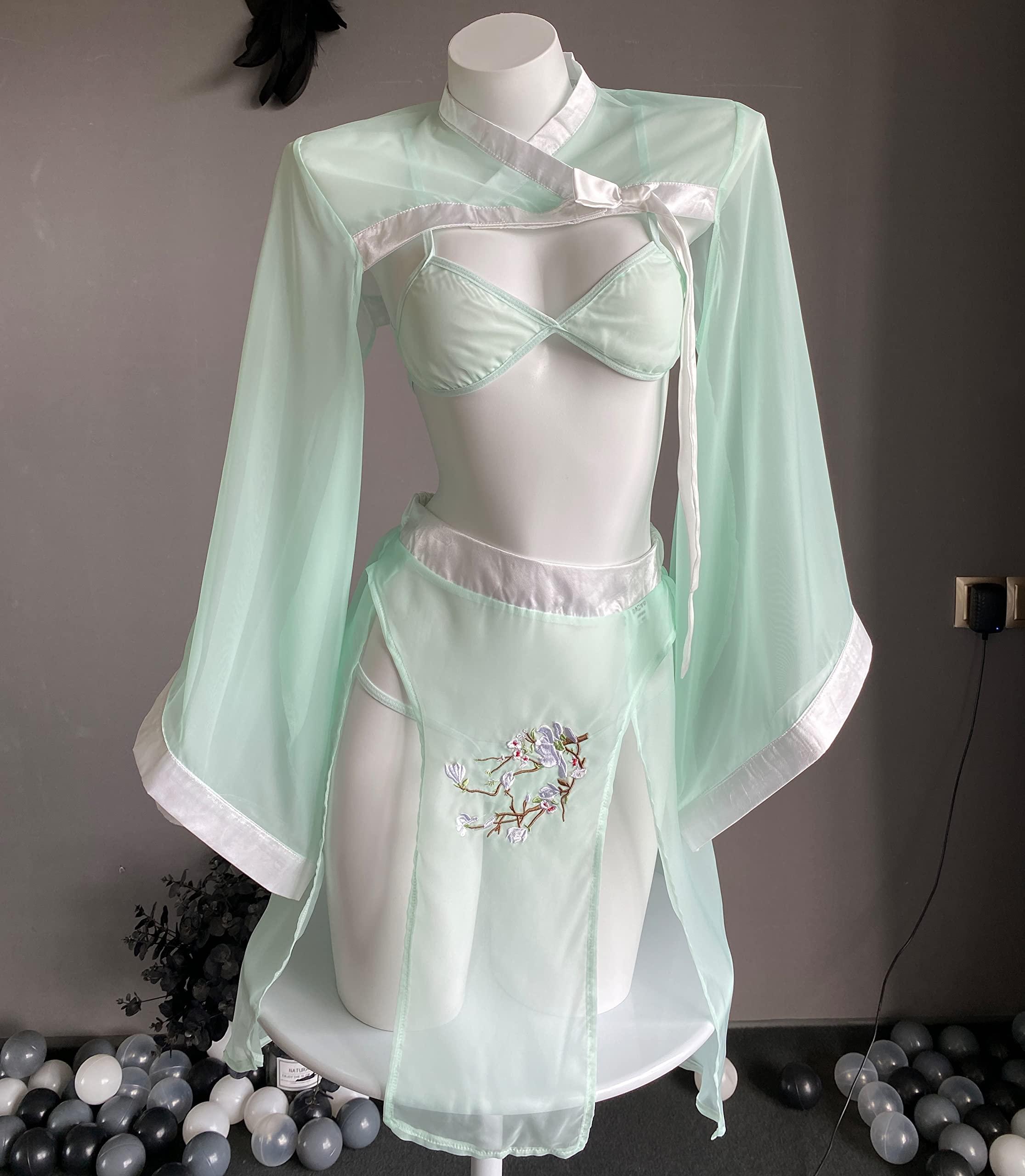 SINROYEE Women's Sexy Asian RolePlay Suit Cosplay Hanfu Cheongsam Dress Anime Lingerie Costumes (#89 Pale Green) 3