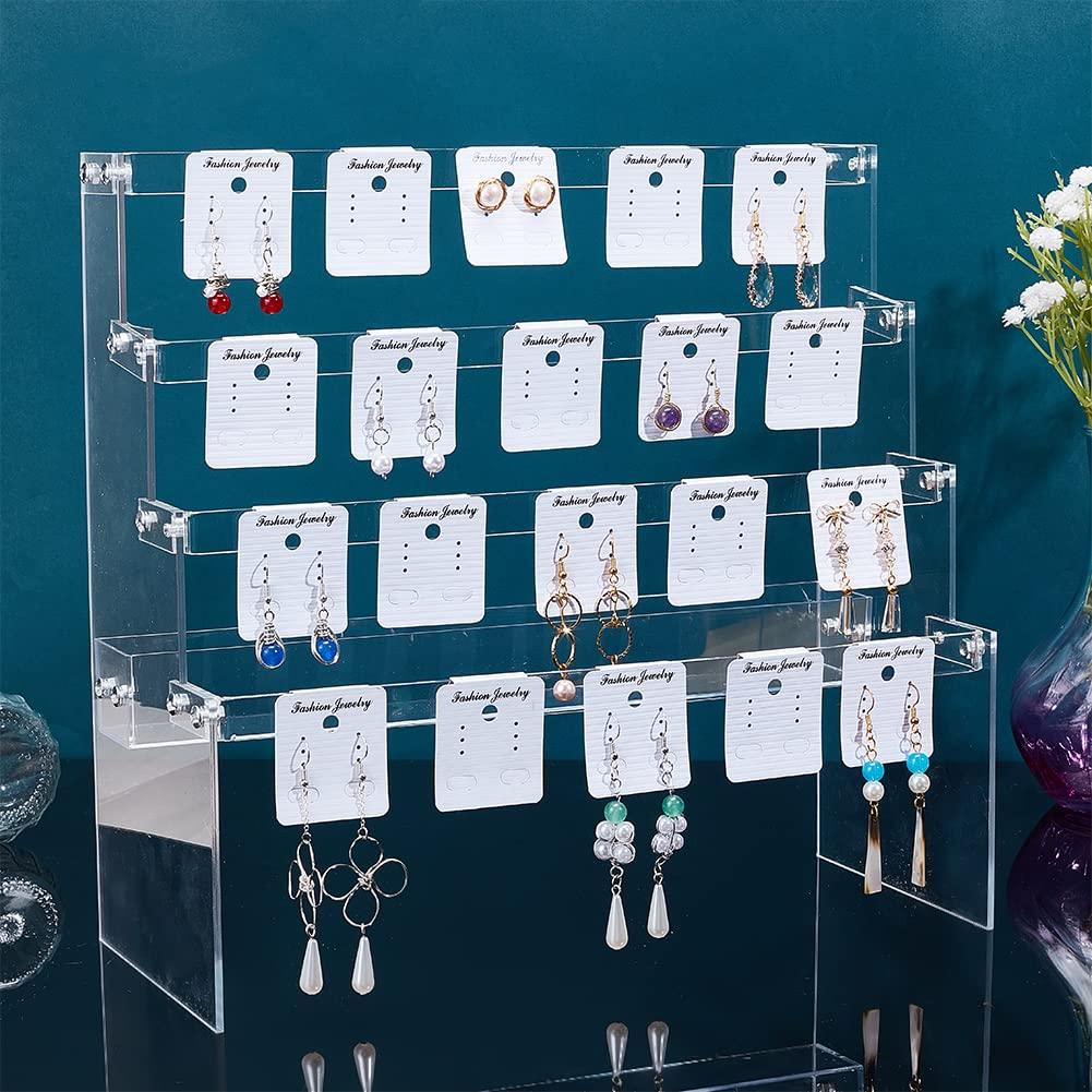 PH PandaHall Jewellery Holder Display 4-Tier Stud Earring Organizer Dangle Hoop Earring Storage Display Retail Jewellery Photography Props Jewellery Display with 28pcs Cards for Personal Exhibition 4