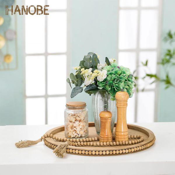 Hanobe Large Round Decorative Beaded Tray: Wood Coffee Table Tray with Beaded Garland Decor Set Rustic Light Brown Wooden Farmhouse Tray Decor for Counter Ottoman Centerpiece Candle Holder 2