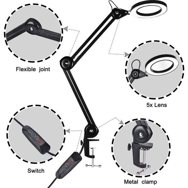 Beyamz LED Magnifying Lamp, Illuminated Magnifier Lamp - with Clamp, Metal Swivel Arm, 3-Color-Mode Dimmable Lights, and 5-Dioptor 105mm Diameter Lens 2