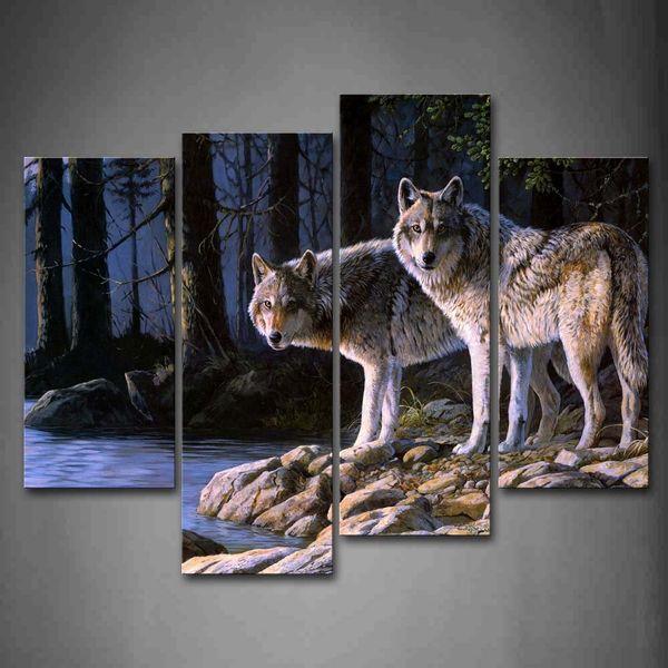 Two Wolf Stand On River Bank Forest Wall Art Painting Wolves Pictures Print On Canvas Animal The Picture For Home Modern Decoration 0