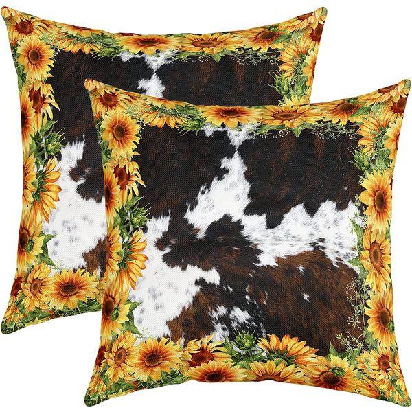 Cow Print Pillow Cover 18X18 Inch Yellow Sunflower Rustic Plant Decorative Square Cushion Cover White Brown Western Land Farmhouse Animal Cushion Case for Party Housewarming Office RV,2 Pack