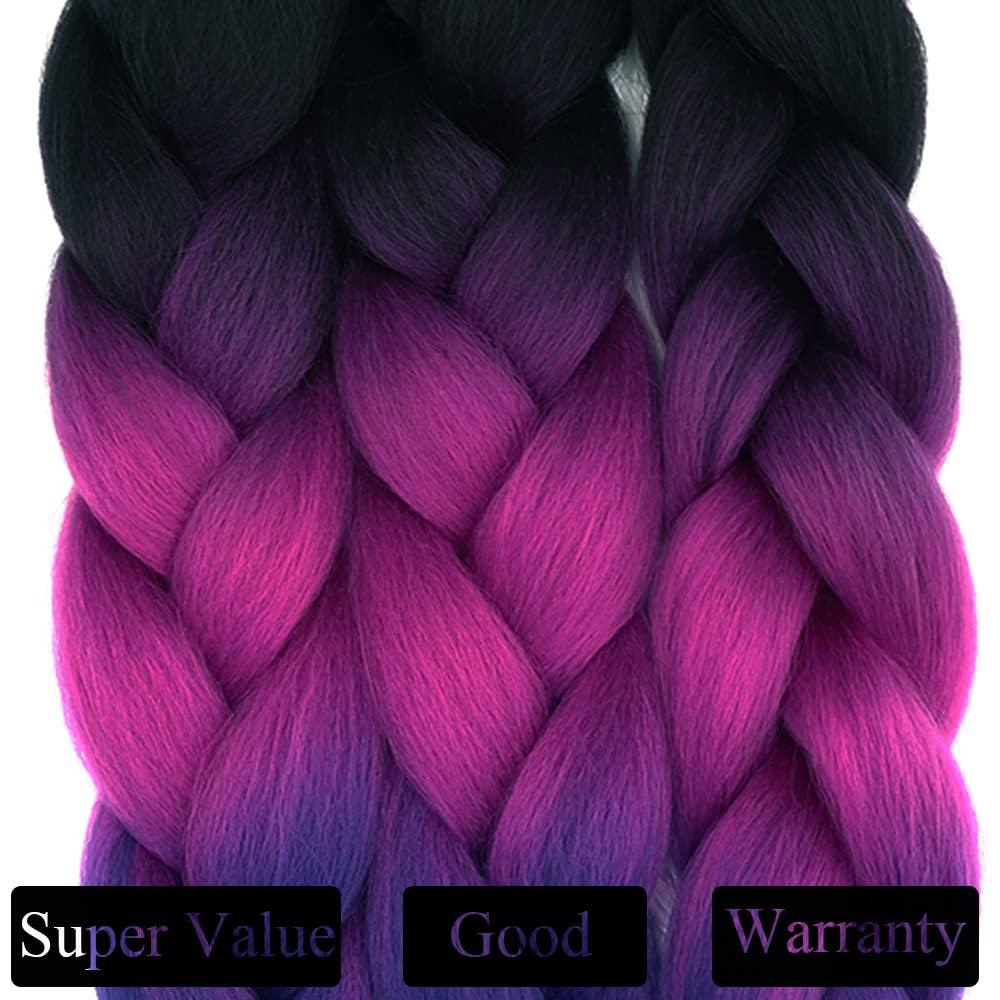 Cybelleza 24inch Braiding Hair Extensions for Braiding Ombre Jumbo Braiding Synthetic Hair 3PCS 300g Crochet Hair Box Braids for Women Braiding, Black & Fuchsia & Blue Purple 2