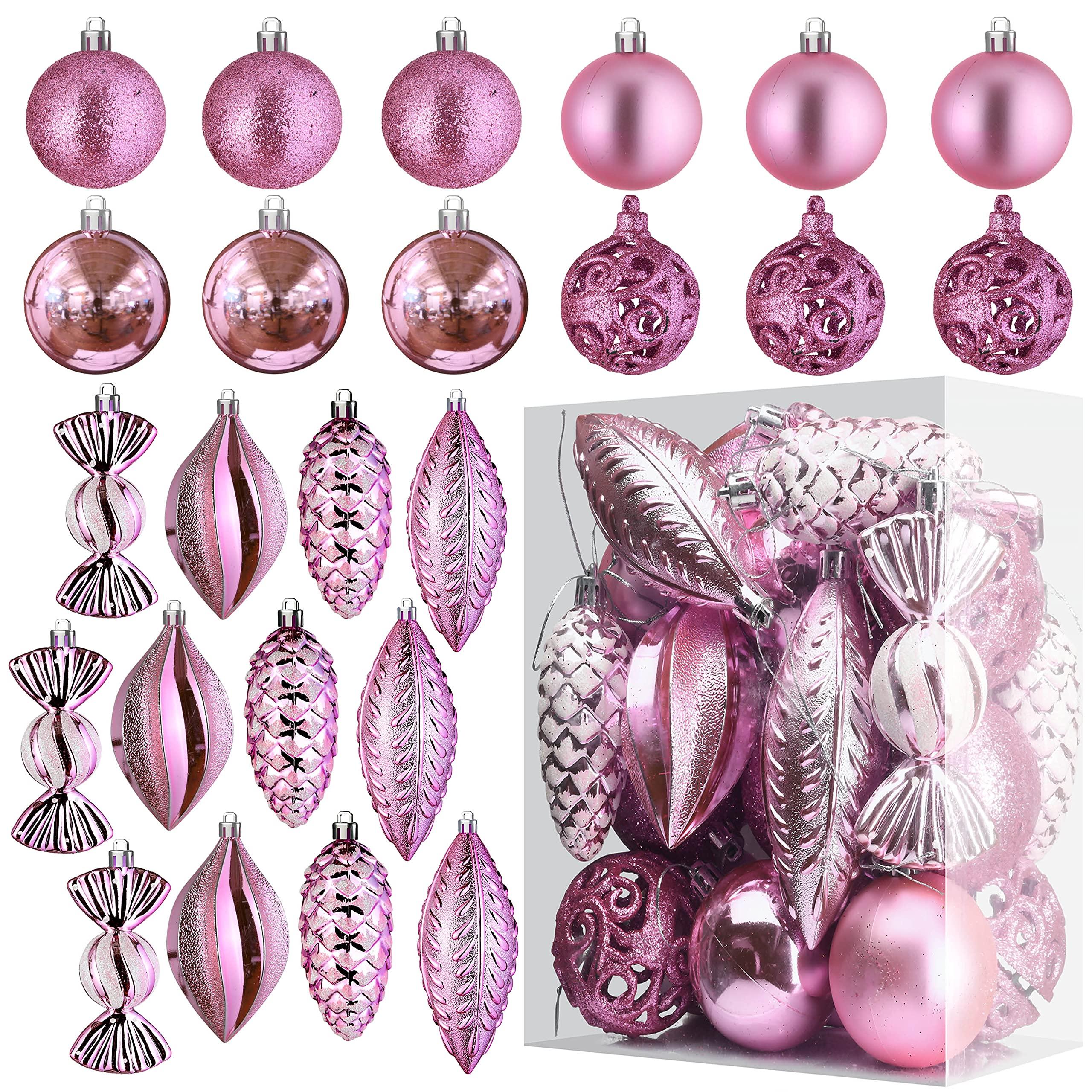 Prextex Pink 24-Piece Shatterproof Christmas Ball Ornaments The Perfect Glitter Balls, Christmas Tree Baubles Christmas Decorations, Exquisite Xmas Combo of 8 Christmas Balls and Shape Styles 0