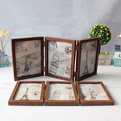 Xshelley retro home jewelry gifts, 3 solid wood frame double folding frame, double-sided photo frame 180 degree rotation, creative photography studio/Album (Retro 5X7)