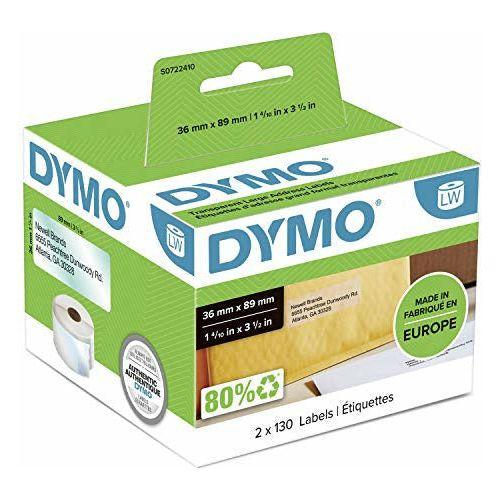 DYMO LW Large Address Labels, 36 mm x 89 mm, Black Print on Clear, 2 Rolls of 130, (260 Easy-Peel Labels), Self-Adhesive, for LabelWriter Label Makers, Authentic 0