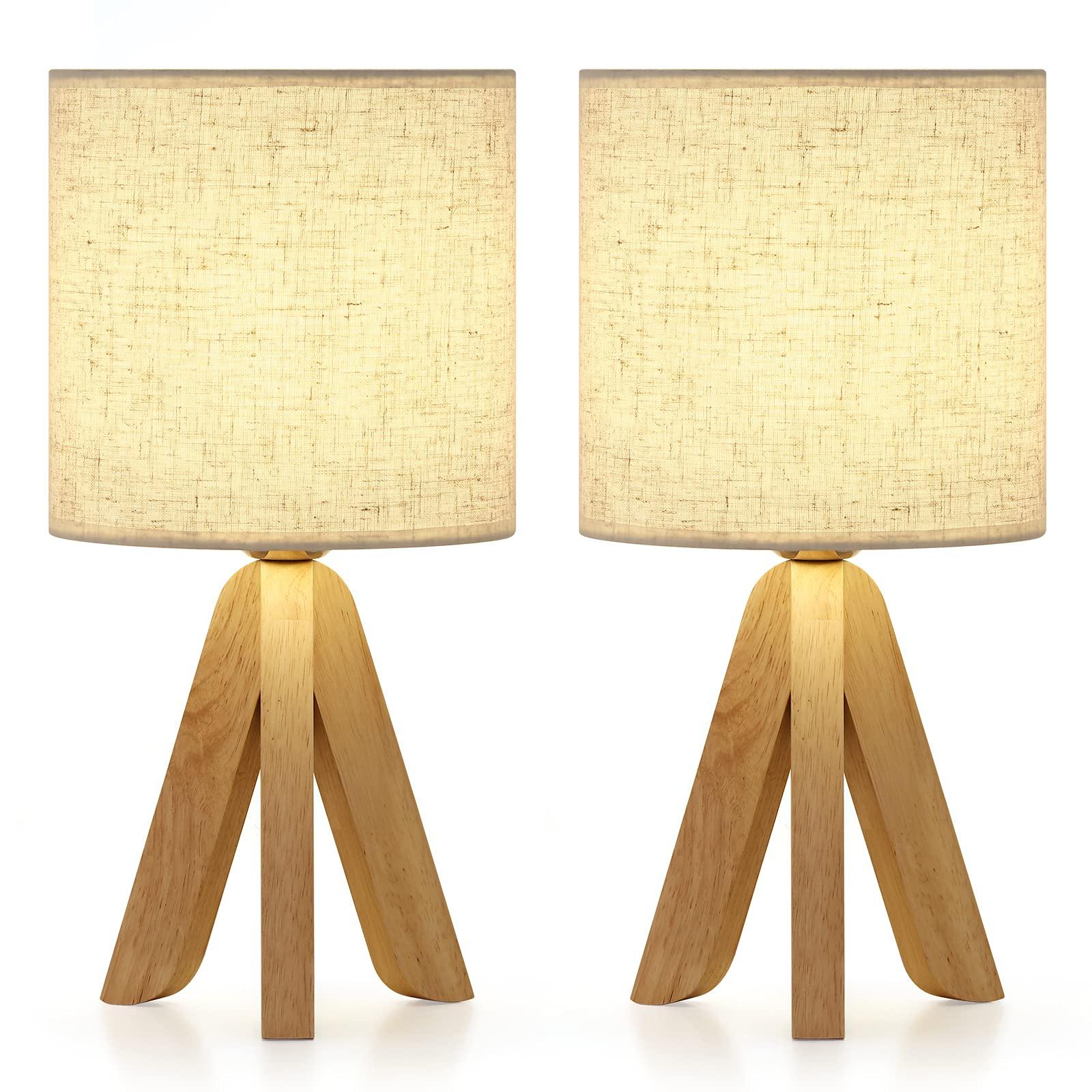 UOMIO Tripod Table Lamp Set of 2 for Bedroom Wooden Bedside Lamps with Tripod Base and Beige Linen Shade Small Cozy Desk Lamps Lights for Living Room Decoration, Warm Atmosphere