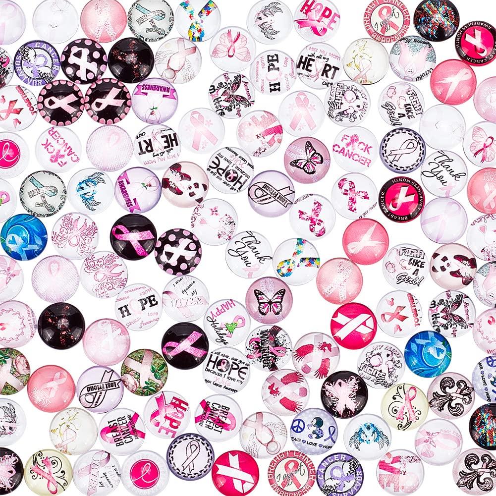 PH PandaHall 116pcs Pink Awareness Ribbon Glass Cabochons, 12mm Silk Ribbon Printed Picture Mosaic Tile Half Round Cabochon Beads for Breast Cancer Charity Event Survivor Necklace Jewellery Making
