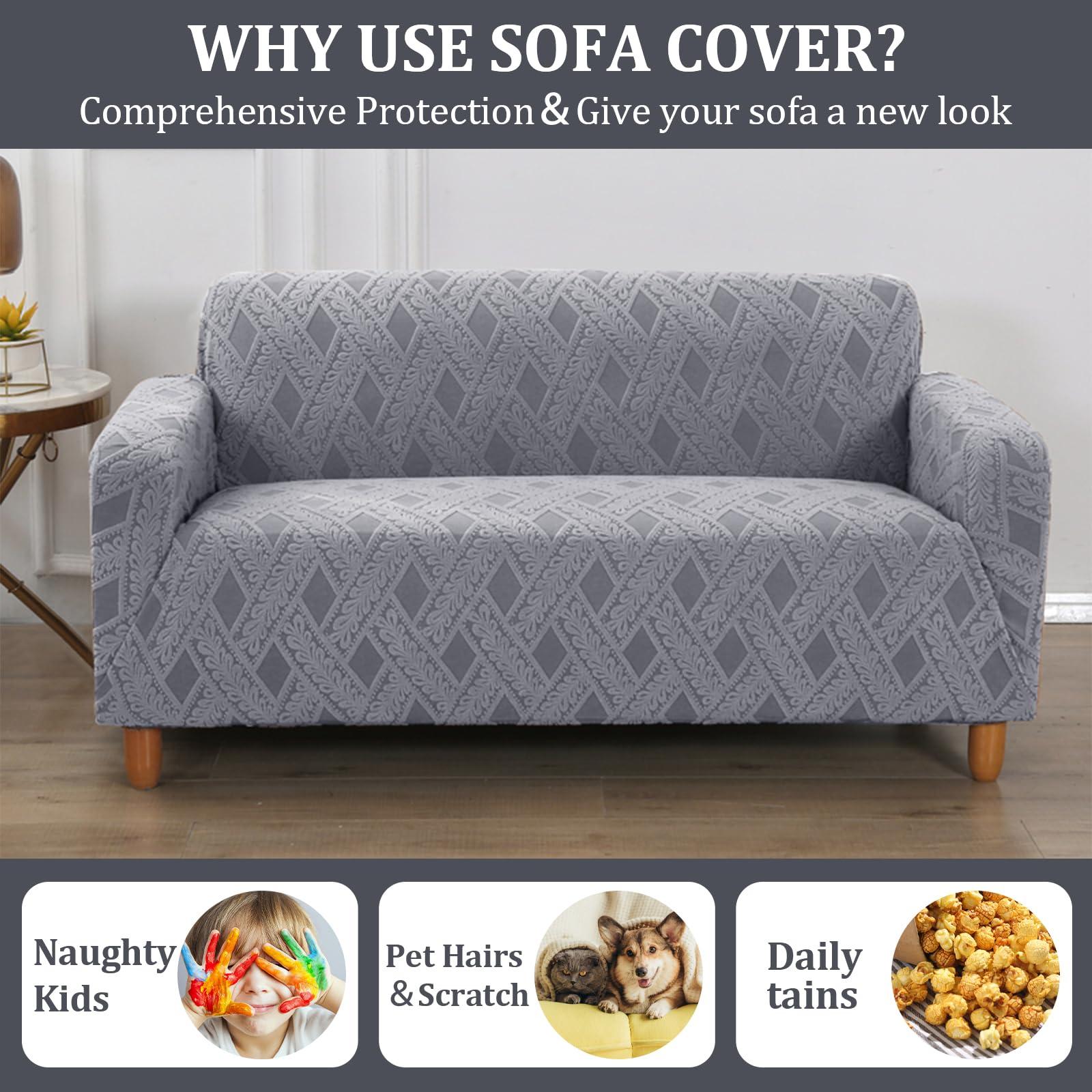 Fondream High Stretch Sofa Cover 2 Seater Grey Jacquard Sofa Slipcover Furniture Protector Suitable for Living Room with Elastic Bottom 4