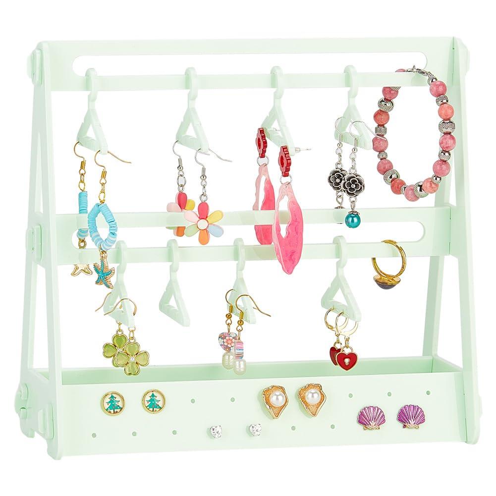 PH PandaHall 68 Holes Earring Organizer with Mini Hangers 2-Tiers Coat Hanger Earring Display Stands for Selling Earring Hanging Acrylic Ear Studs Display Rack for Retail Show Exhibition Green 0