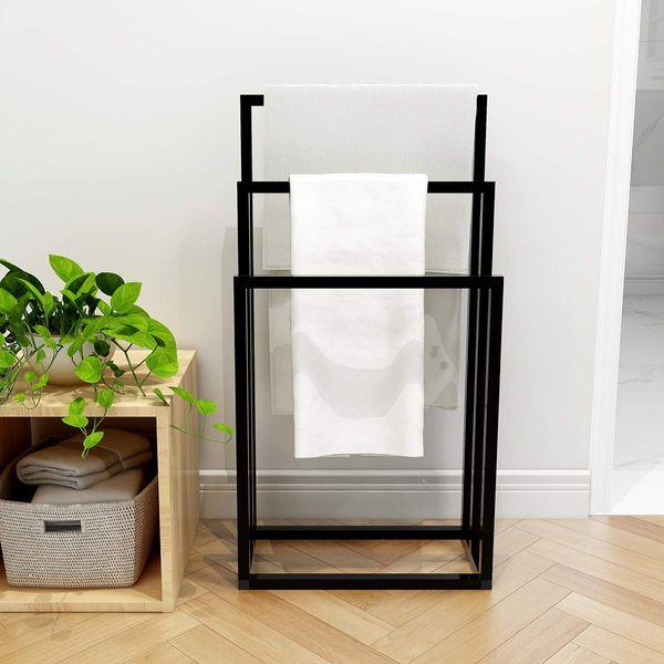Metal Towel Bathroom Rack 3 Bars Freestanding Drying Shelf 3 Tier Storage Organizer Washcloths Holder (Black) 2