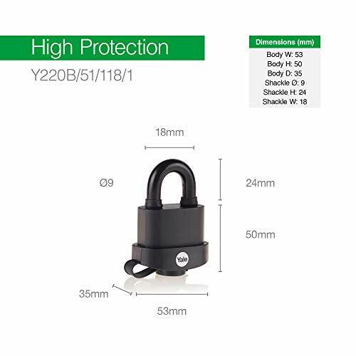 Yale Y220B/51/118/3 - 3 Pack of Black Weatherproof Padlocks with Protective Cover (51 mm) - Outdoor Hardened Steel Shackle Locks for Shed, Gate, Chain - Keyed Alike - High Security - Multipack 3