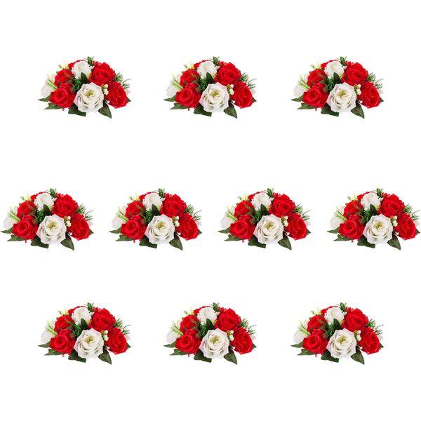 Inweder Artificial Flower Ball Wedding Centerpieces - 10 Pcs Wedding Flower Balls for Table Centerpiece Arrangement Bouquet Fake Flowers Silk Rose Balls with Base Party Home Room Decor Red & White 0