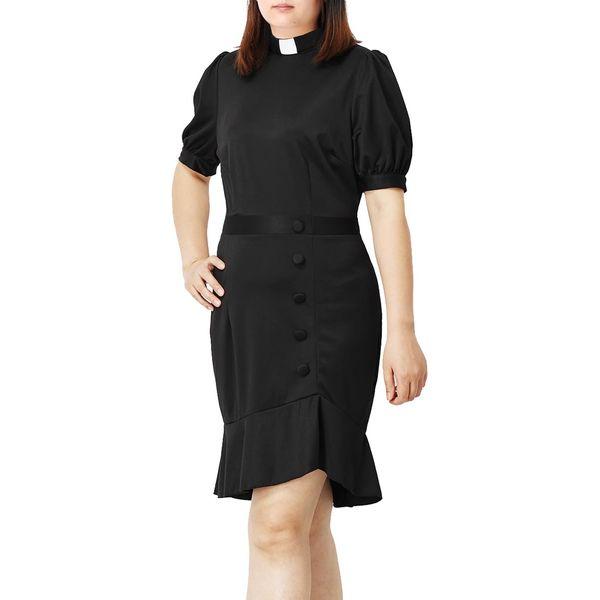 COSDREAMER Christian Catholic Church Womens Clergy Tab Collar Dress Ruffle Hem Bodycon Dress，XS Black 2