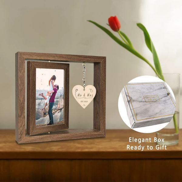 EYITUPC Rotating Floating Mr and Mrs EST 2023 Photo Frame Anniversary Wedding Gifts for Couple 2023 - Display Two 4x6 Inch 1