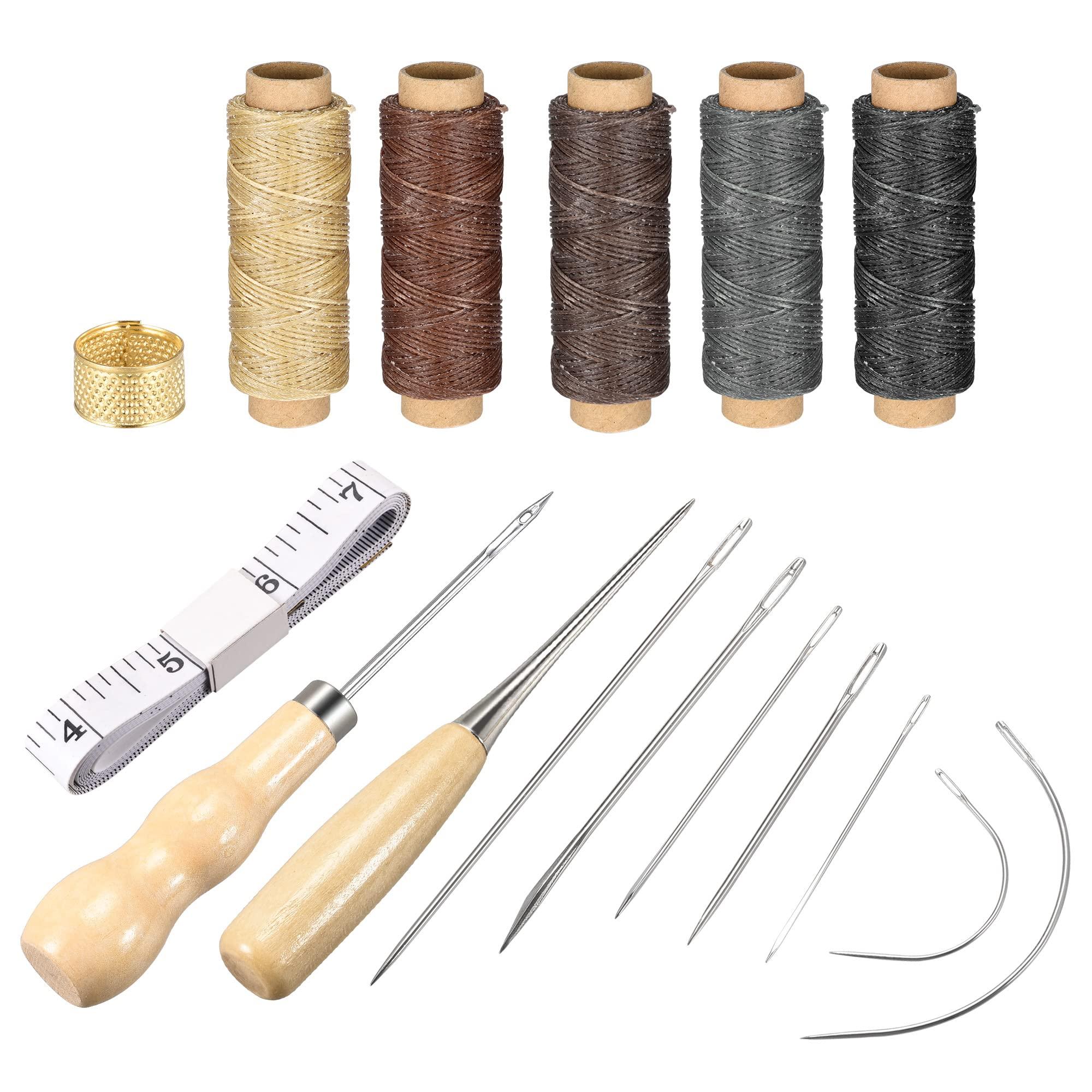 sourcing map Leather Sewing Thread Hand Stitching Tools Kit, Includes 5 Colors Polyester Waxed Flat Cord, Sewing Needles, Stitching Awls, Thimble, Measuring Tape. 0