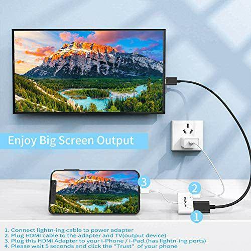 HDMI Adapter for Phone Pad, MPIO Lighting to HDMI Cable, 1080P Digital AV Adapter, Sync Screen Connector Compatible with Phone 12/11/XR,X,8,7, Pad Air/Mini/Pro, Pod Touch, Power Supply Needed, White 1