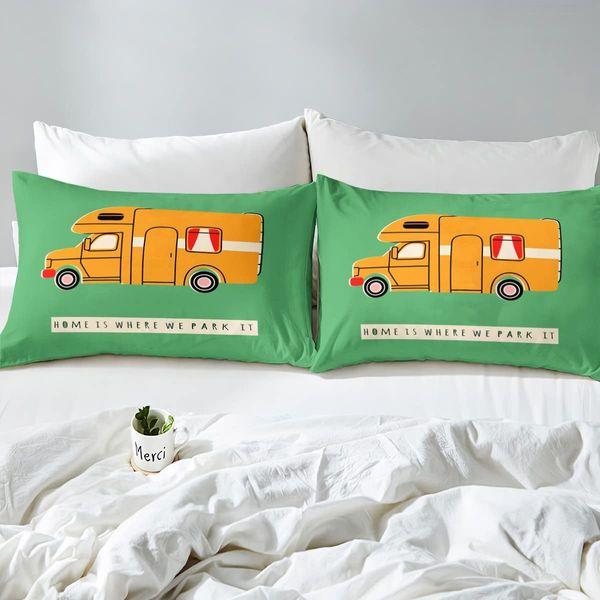 Homewish Cartoon Rv Car Comforter Cover 2 Piece Toy Car Print Duvet Cover For Boys Girls Kids Happy Rv Camping Bedding Set Single,Motorhome Accessories For Inside Yellow Green Bedding,Breathable 4