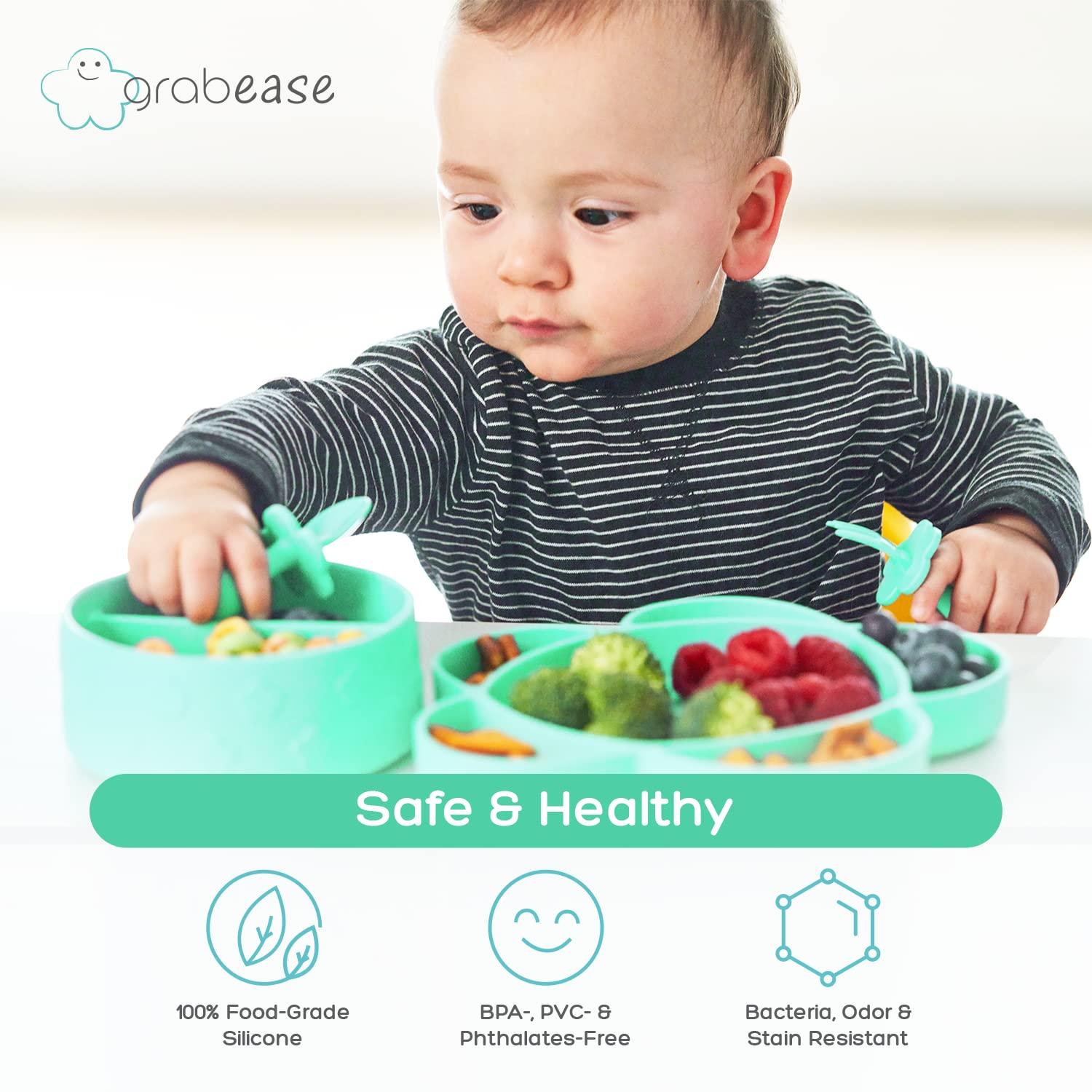 grabease Baby Feeding Set - Silicone Section Bowl, Cloud Section Plate Utensils - Mint 4