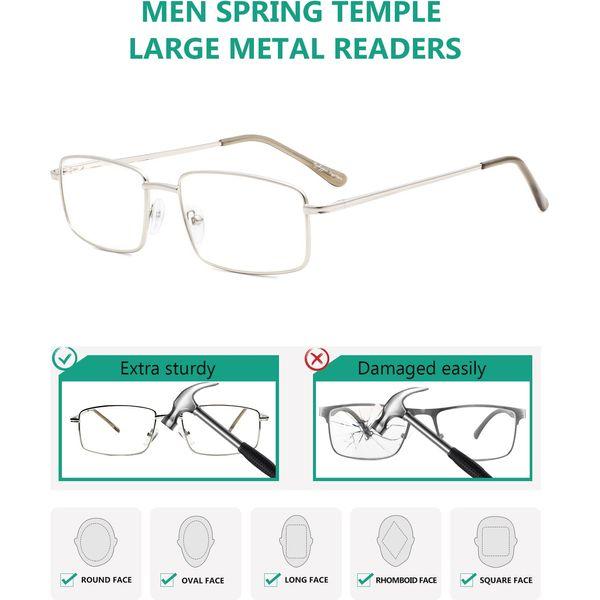 Eyekepper 3-Pack Readers Rectangular Spring Temple Large Metal Reading Glasses Men Silver 3