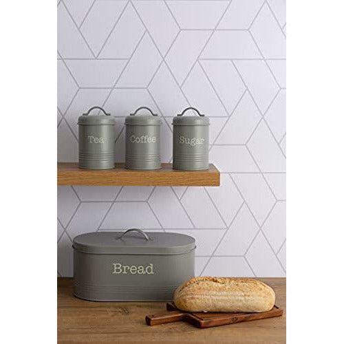 EHC 4 Piece Kitchen Storage Set Includes Bread Bin, Tea, Coffee & Sugar Caddy Tins Storage Canisters and Jars Set, Grey 1
