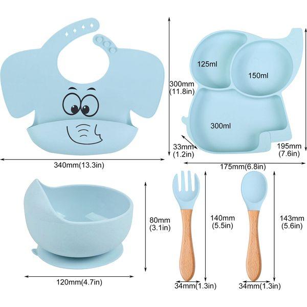 FILOWA Baby Feeding Set, 5 in 1 Silicone Weaning Set for Babies with Suction Plate, Suction Bowl, Spoon and Fork, Adjustable Bibs Tableware Sets, BPA Free Cutlery Set for Toddler Boys, Blue Elephant 1