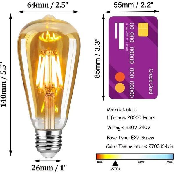 Woowtt LED Edison Bulb, Vintage Light Dimmable 6W E27 Bulbs, Led Filament Antique Style Retro Amber Glass Screw Lamp, ST64, 2700K, 600LM, - 6 Pack 1