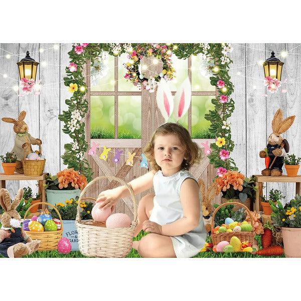 Spring Easter Barn Backdrop 8x6FT Garden Floral Rabbit Eggs Green Grass Rustic Wooden Photography Background Easter Party Decoration for Baby Shower Baby Portrait Photo Booth Props 3