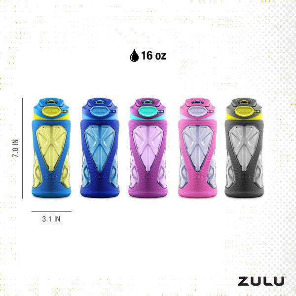 ZULU Torque 16oz Plastic Kids Water Bottle with Silicone Sleeve and Leak-Proof Locking Flip Lid and Carry Loop for School Backpack, Lunchbox, Outdoor Sports, BPA-Free Dishwasher Safe, Grey/Green 3
