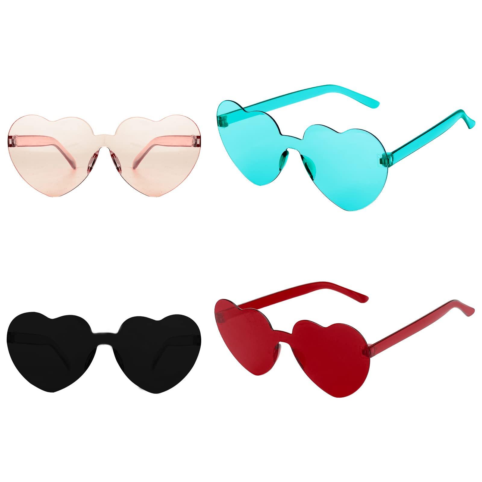 KINBOM 4pcs Heart Shaped Rimless Sunglasses, Transparent Candy Color Frameless Sunglasses Heart Sunglasses for Women Girls at Pool Birthday Party (Black, Tawney, Red, Green) 0