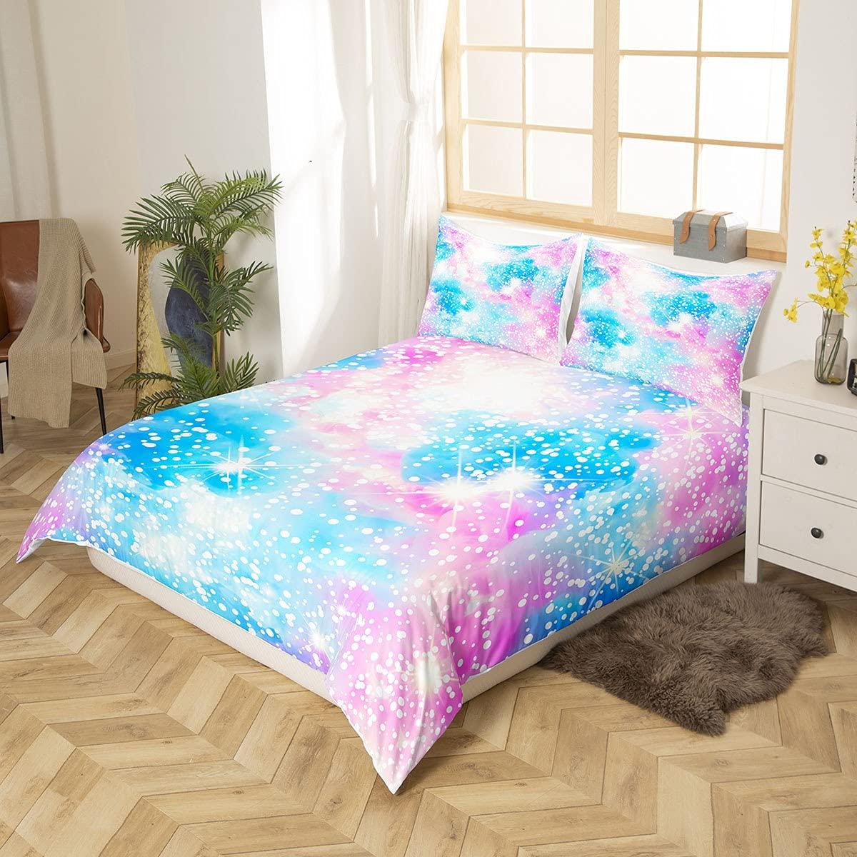 Loussiesd Fantasy Girly Bedding Set Decortaive 3 Pcs Shiny Blue Pink Purple Pastel Colors Duvet Cover for Girls Cute Bling Galaxy Print Bedspreads King Comforter Cover for Kids Teens Colorful 1