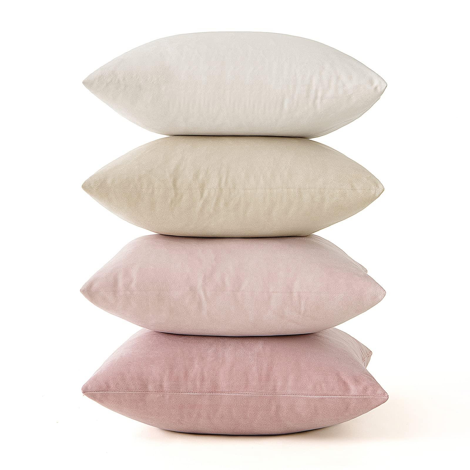 MIULEE Set of 4 Velvet Cushion Covers Soft Decorative Square Throw Pillow Cover Luxury Pillowcases for Livingroom Sofa Bedroom with Invisible Zipper 50cm x 50cm,20x20 Inches Pink White Series