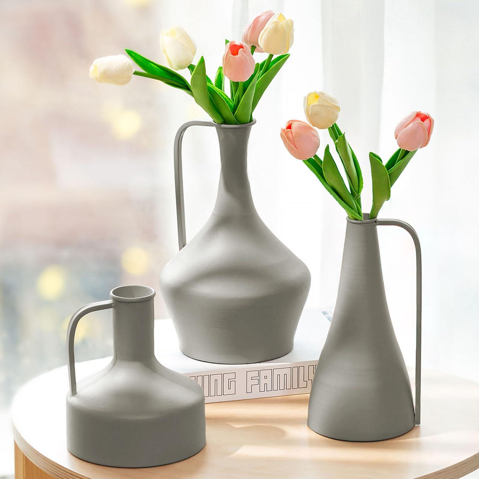 Sziqiqi Nordic Metal Flower Vases Set of 3-26/23.5/18cm Single Stem Vase with Handle Modern Pitcher Vases for Living Room Morandi Narrow Neck Vases for Artificial Flowers Dried Plants Pampas