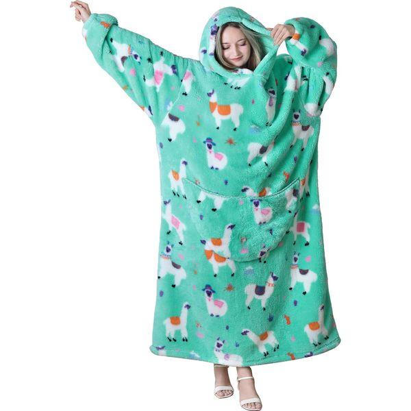 Queenshin Alpaca Wearable Blanket Hoodie,Extra Long Oversized Flannel Comfy Sweatshirt Robe for Adults Women Girls,Warm Cozy Animal Hooded Body Blanket 1