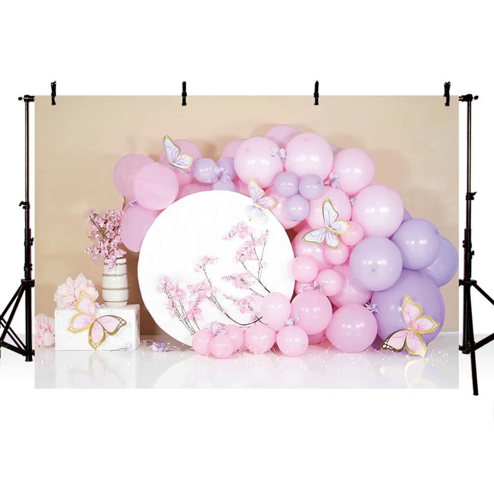 MEHOFOND 7x5ft Pink Girl Birthday Photography Backdrop Flower Balloons Butterfly Newborn Portrait Family Party Background Banner Cake Smash Decoration Photo Studio Booth Props Supplies 0