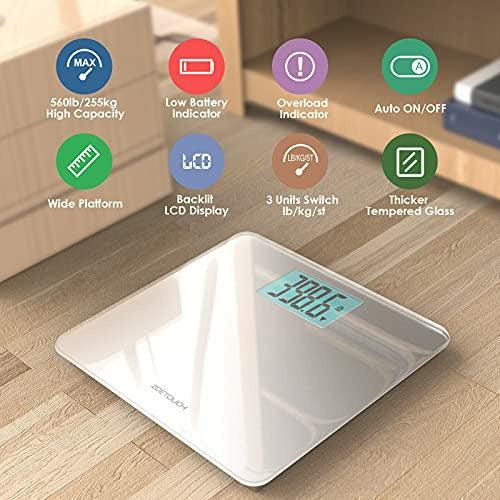 ZOETOUCH Max Capacity 560lbs Digital Bathroom Weighing Scales Body Weight with Extra Large Platform, 4.2inch Blue Backlit Display(Stone/kg/lb), Step-On for Instant Weight Reading & Comparison, Silver 1