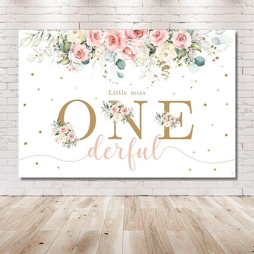 MEHOFOND 7x5ft Spring Flower Girl 1st Birthday Backdrop Little Miss Onederful Watercolor Pink Floral Photography Background Golden Dots Kids Party Banner Cake Smash Table Decoration Photo Booth 1