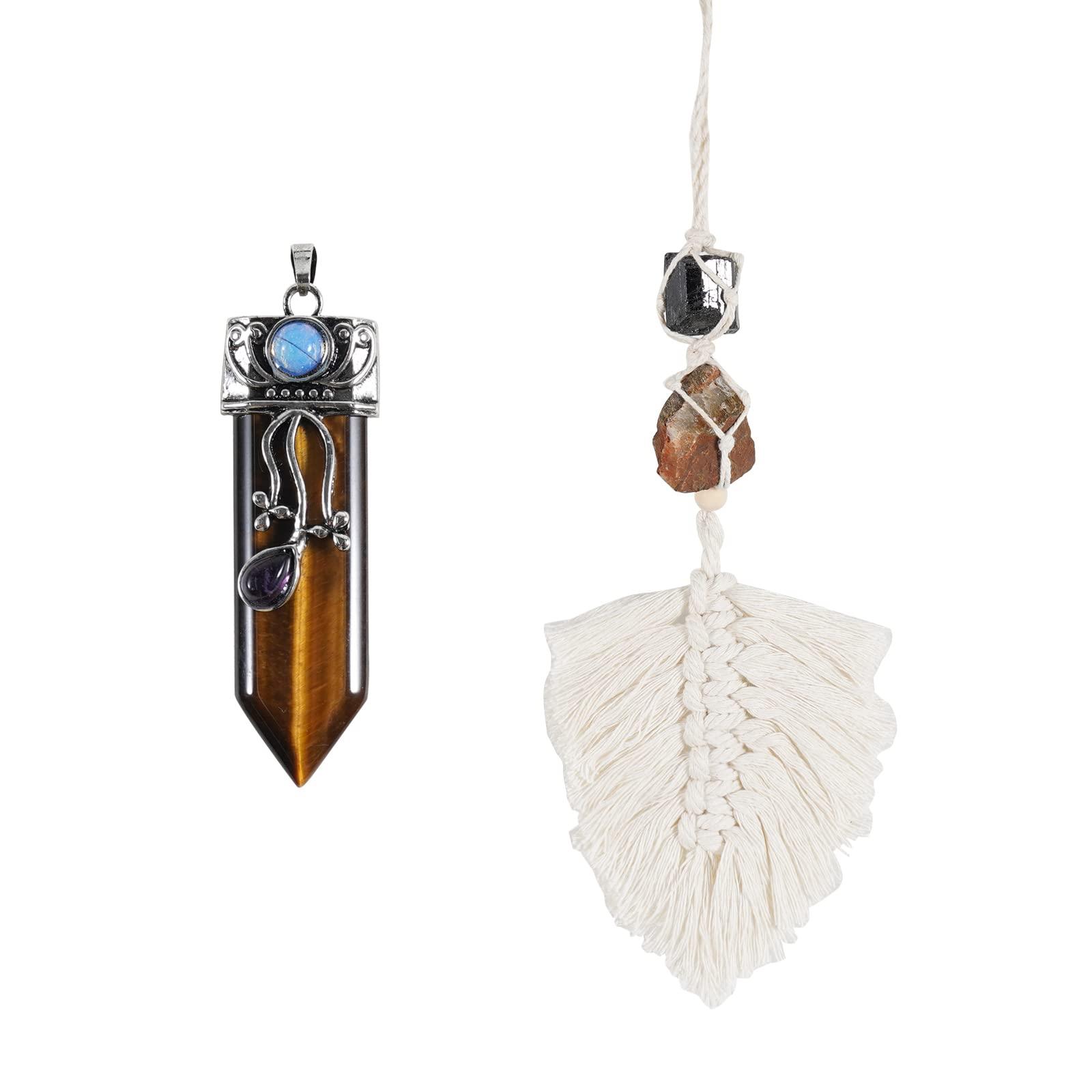 Soulnioi Irregular Raw Stone Hanging Ornaments Hand-Woven Leaf-Shaped Tassel - Black Tourmaline & Tiger Eye Stone, for Car Rear View Mirrors Home Decor, and Crystal Tiger Eye Stone Necklace Pendant