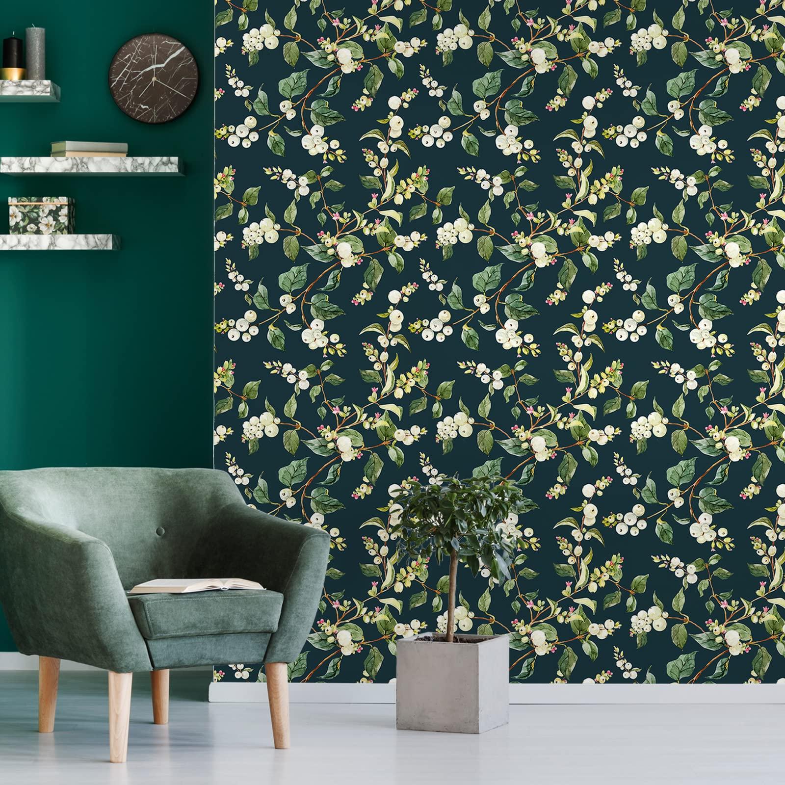 VEELIKE Black Leaf Wallpaper Self Adhesive 44.5cm×900cm Vintage Floral Contact Paper Tropical Wall Mural Patterned Sticky Back Plastic Vinyl Cabinet Cover Worktop Covering Botanical Wall Art Bedroom 1