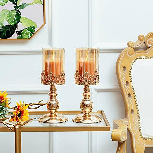 NUPTIO Pillar Candle Holders with Glass, Set of 2 Gold Hurricane Candle Holder Modern Home Decor Gifts, Candlelight Holder for Wedding Anniversary Housewarming Party Table Centerpieces, Gifts for Her 1