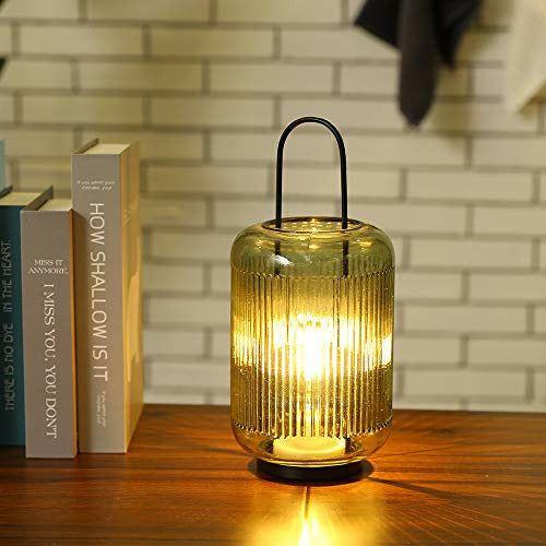 JHY DESIGN Table Glass Lamp Battery Operated, 30.5cm High Battery lamp with Handle Hanging LED Lantern with 6-Hour Timer Remote Control for Indoor Party Outdoor Wedding Balcony Garden(Amber-Green) 4