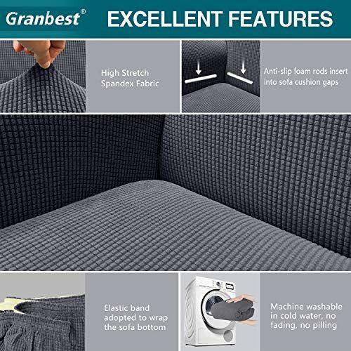 Granbest High Stretch Sofa Covers 3 Seater Super Soft Stylish Couch Covers for Dogs Pets Cats Jacquard Spandex Non Slip Sofa Slipcover for Living Room Furniture Protector (3 Seater, Gray) 2