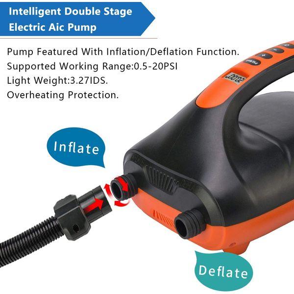 Tuomico 20PSI High Pressure SUP Electric Air Pump，Dual Stage Inflation & Deflation Function Paddle Board Pump, 12V DC Car Connector, for Inflatable Stand Up Paddle Boards, Boats, Tent Kayaks 3