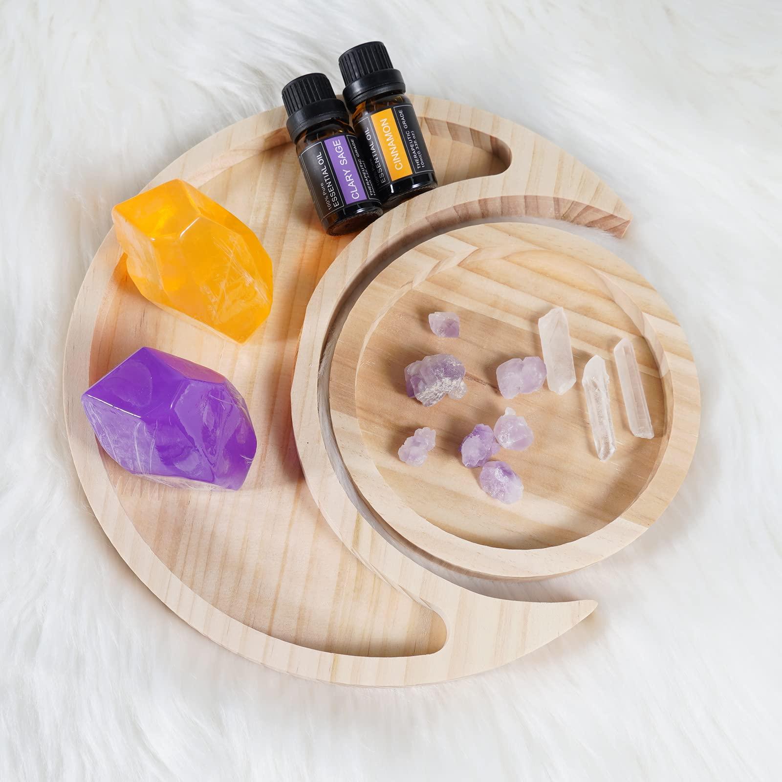 Soulnioi Crystal Holder Tray(SUN+MOON), Decorative Display Tray with 2pcs Handmade Soap(Purple+Orange), 2pcs Essential Oils, 7pcs Amethyst Flower Stones, 3pcs White Crystal Pointed Pillars 3