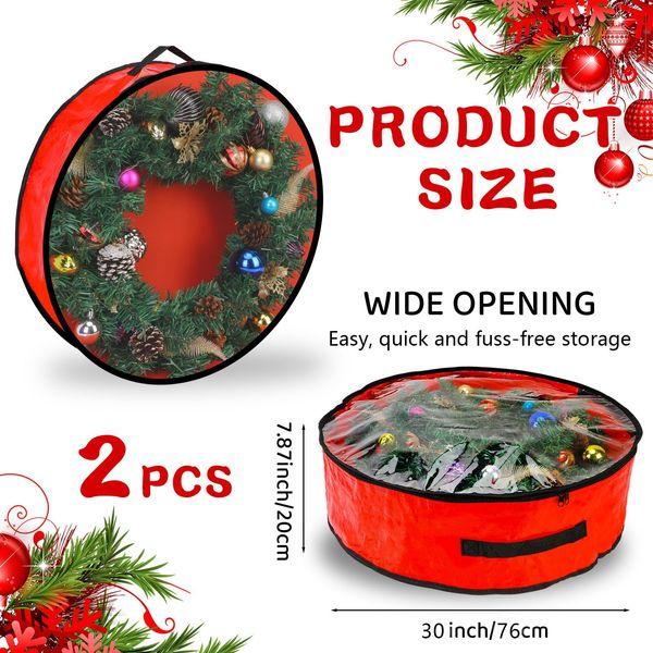 Pwsap 2 Pack Christmas Wreath Storage Container - 30 Inch, Garland Storage, Christmas Large Wreath Storage Container Cover, Durable Tarp Material, Dual Zipper Storage Bag for Xmas Holiday, Red 3