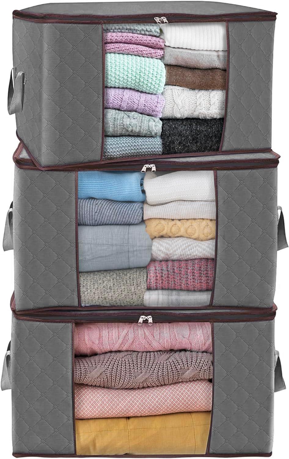 Woodland 90L Clothes Storage Bags, Large Fabric Storage Box with Lid, Reinforced Handle, Clear Window, Ideal for Clothes, Duvets, Blankets, Bedding, 3 Pack, Grey (Grey, 3Pcs Clothes Storage Bag)