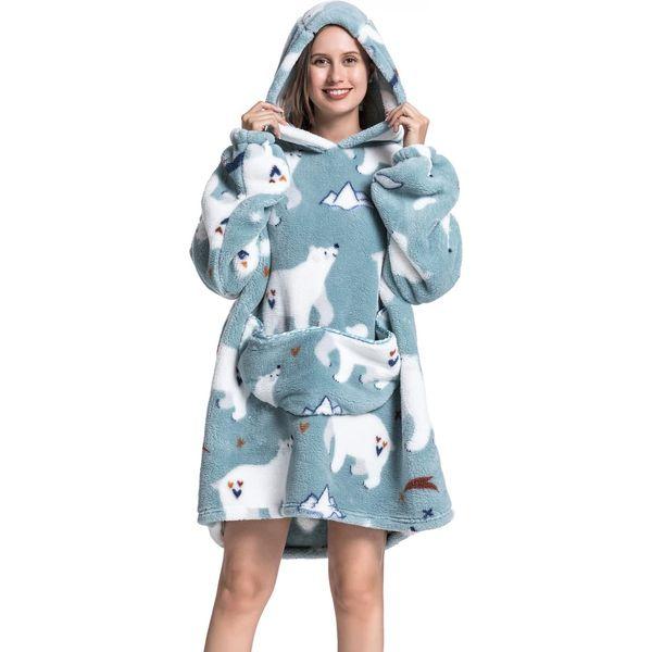 Ruiuzioong Oversized Hoodie Sweatshirt Blanket,Super Soft Warm Comfortable Blanket Hoodie for Women and Men Adults with big Pocket (adults,Eisbär)