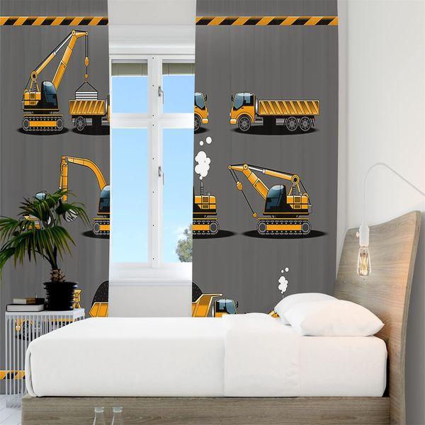YONGFOTO 168x229cm Construction Truck Blackout Curtains Cartoon Excavator Yellow Kids Machinery Car for Living Room Children's Bedroom Window Drapes, 2 Panel Home Set With Holes, Black 1